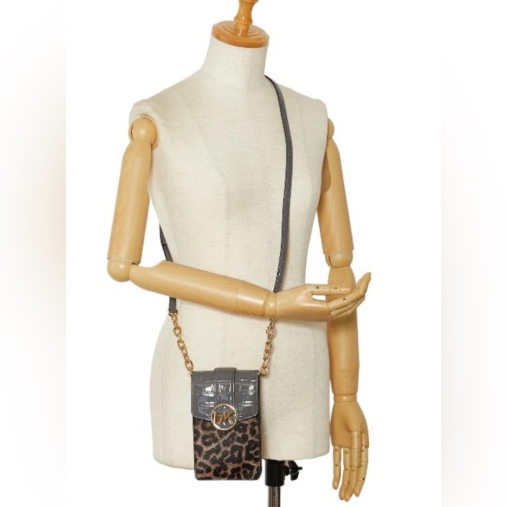 MICHAEL KORS Leopard Shoulder Crossbody Bag Gray Brown Leather AUTHENTIC NWT - Picture 5 of 10